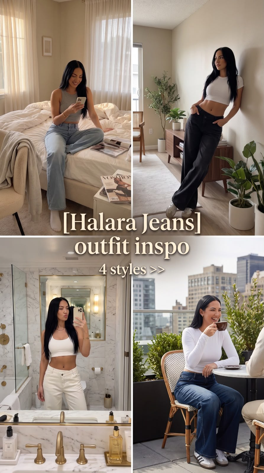 A four-panel slideshow cover titled Halara Jeans outfit inspo, showing the same model in jeans in a bedroom, a living room, a bathroom mirror, and a rooftop cafe