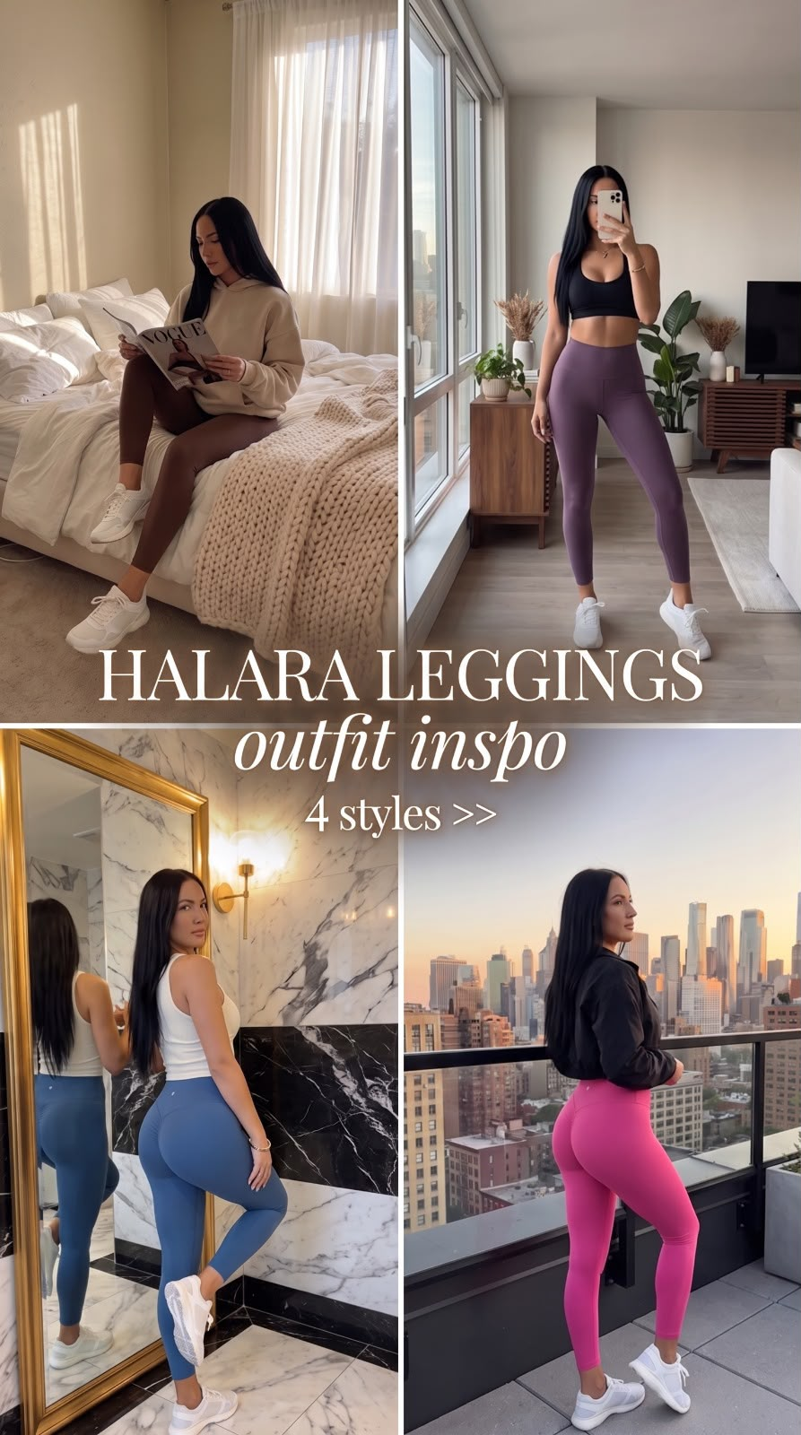 A four-panel slideshow cover titled Halara Leggings outfit inspo, showing the same model in four legging colours across a bedroom, an apartment window, a marble bathroom, and a city balcony
